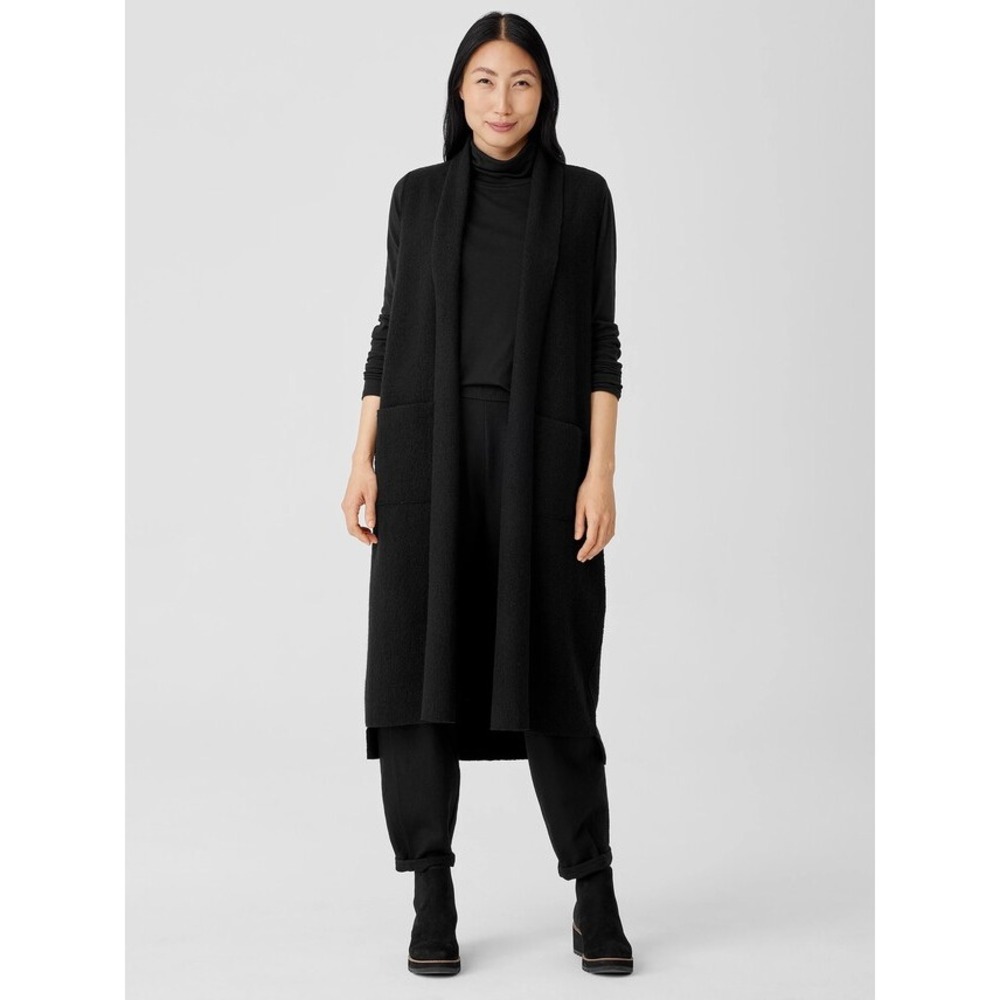 Eileen Fisher Cardigan Vest Lightweight Boiled Wool Open Front Long Black XL